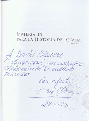 Materiales para la historia de Totana Dedicatoria