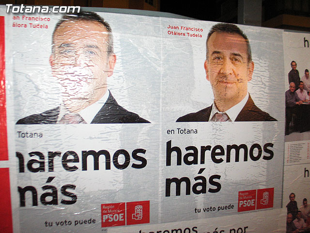 Afiliados y simpatizantes de PP, PSOE , IU+Los Verdes e Independientes por Totana abrieron la campaa electoral con la pegada de carteles - 56